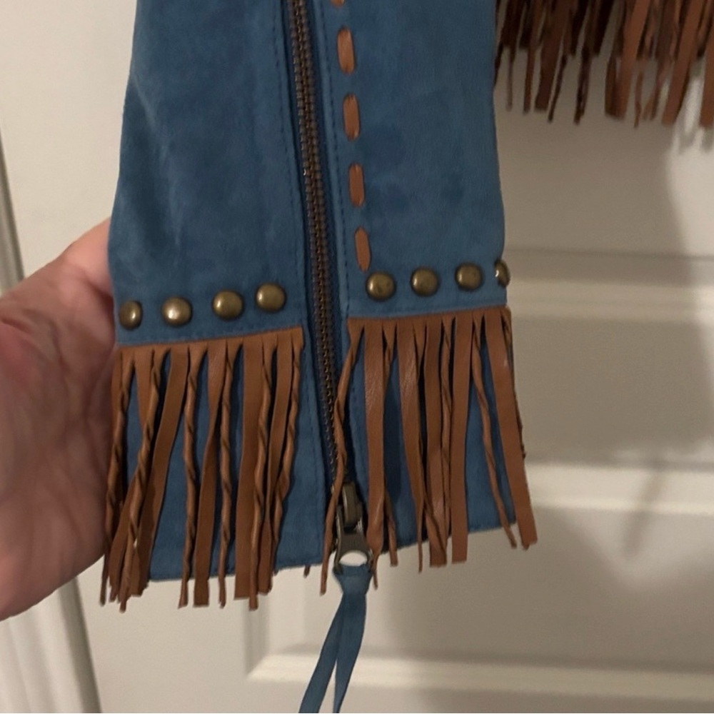 Double D Ranch blue leather brown fringe jacket studded front zip RTL $995 M NWT - Picture 4 of 5